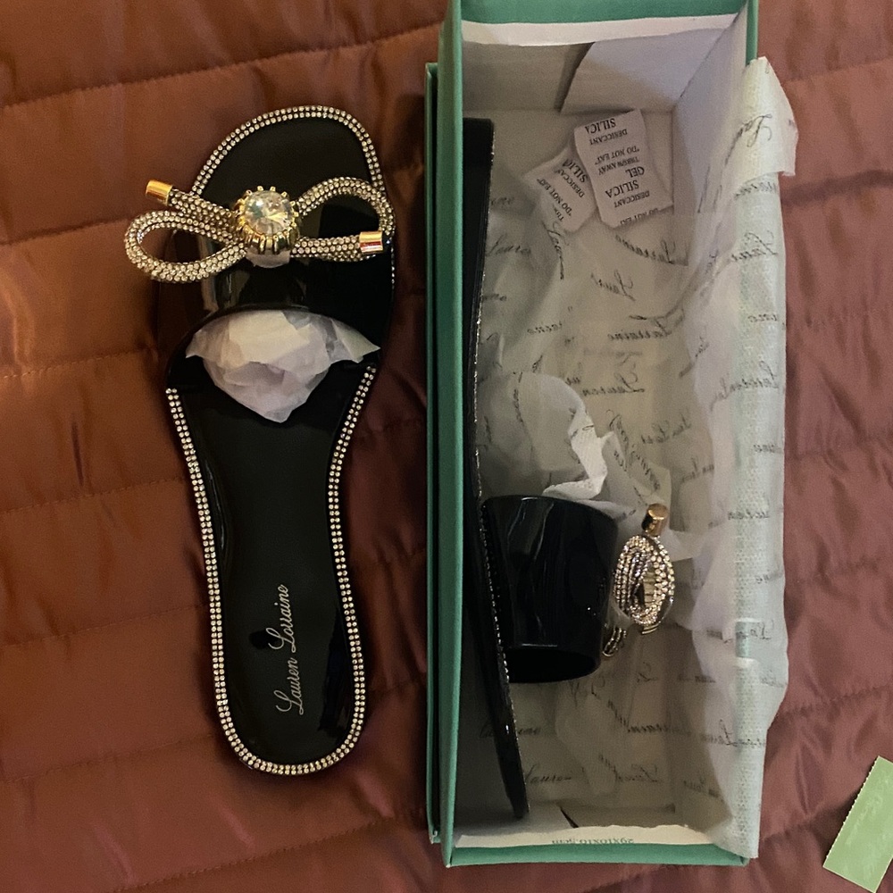 Lauren Lorraine Black and Gold Embellished Sandals